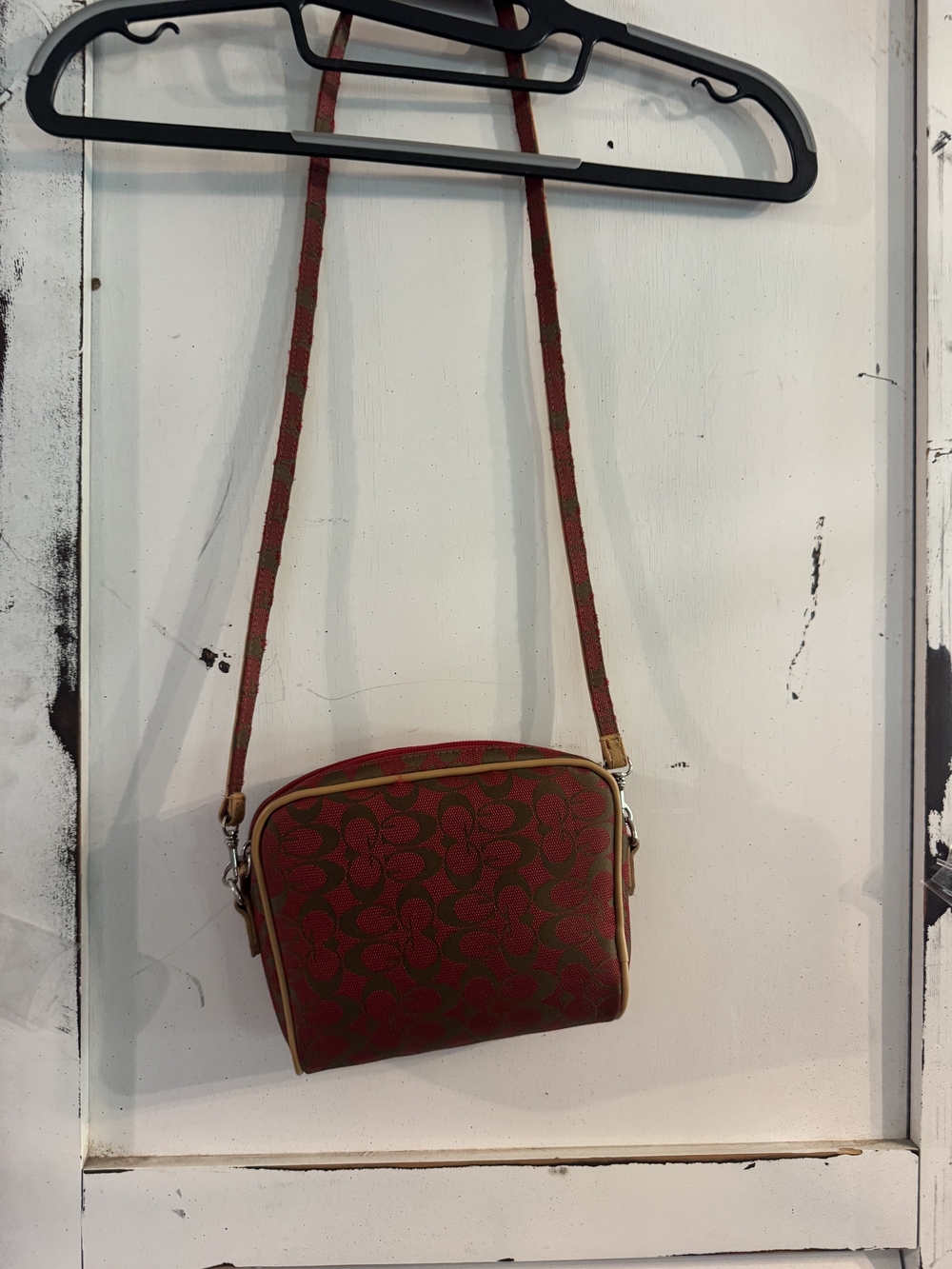 Signature-Print Red Crossbody Bag with Tan Trim - Picture 2 of 5